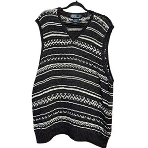 Polo Ralph Lauren Hand Knit Vest | Black & White Fair Isle | Linen Cotton | XL L